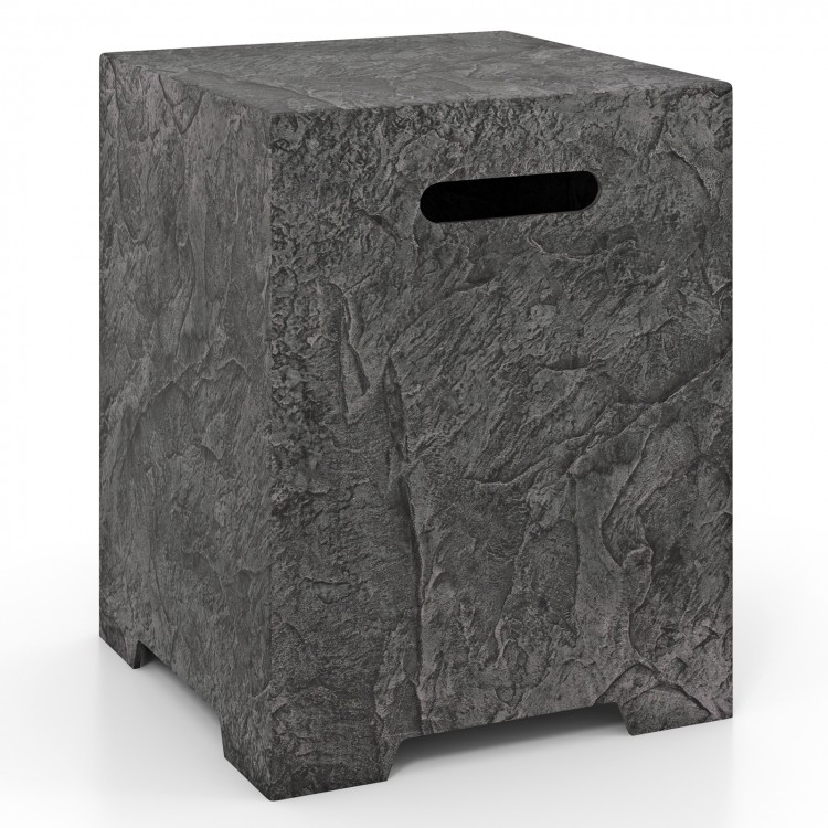 Gray magnesium oxide propane tank cover table with cut-out handles, designed for outdoor gas tank storage and stability.