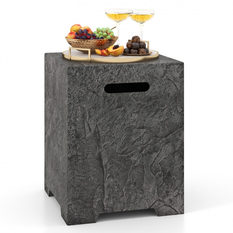 Outdoor gas tank storage cover table in textured black magnesium oxide, doubles as a side table for convenience.