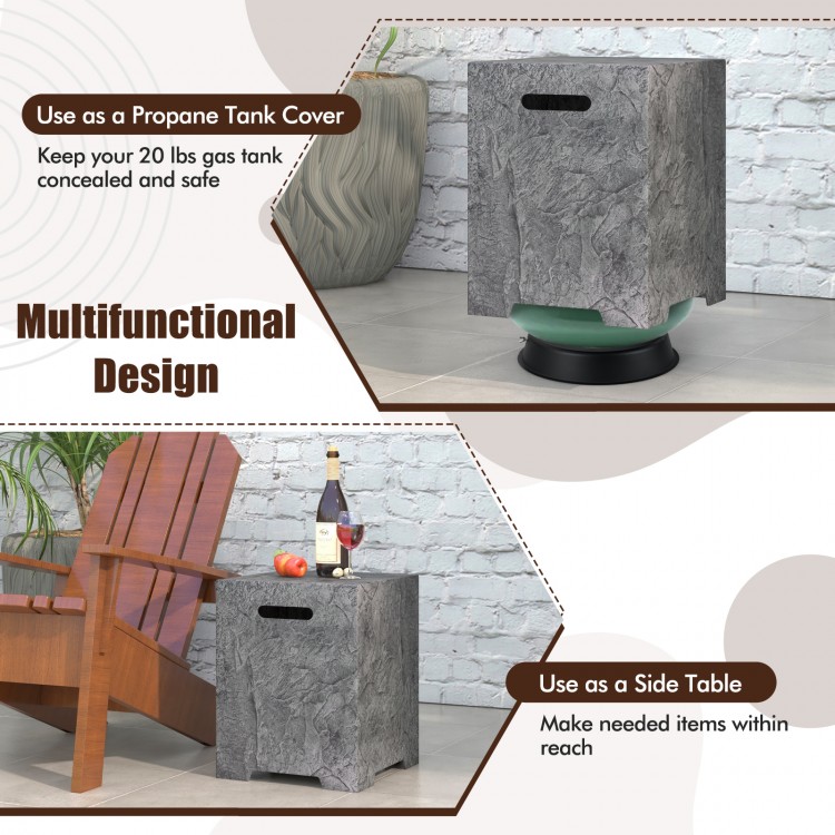 Multifunctional propane tank cover table in gray, designed for 20 lbs tanks, also serves as a side table for.