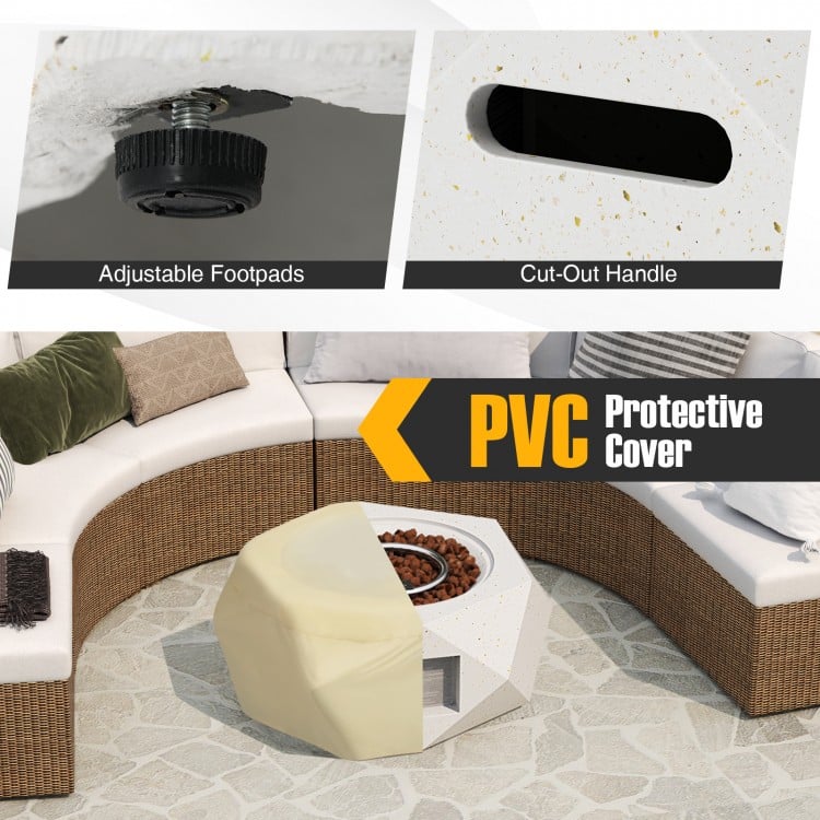 Adjustable footpads and cut-out handle of the 28-inch hexagon terrazzo propane fire pit table with protective cover.
