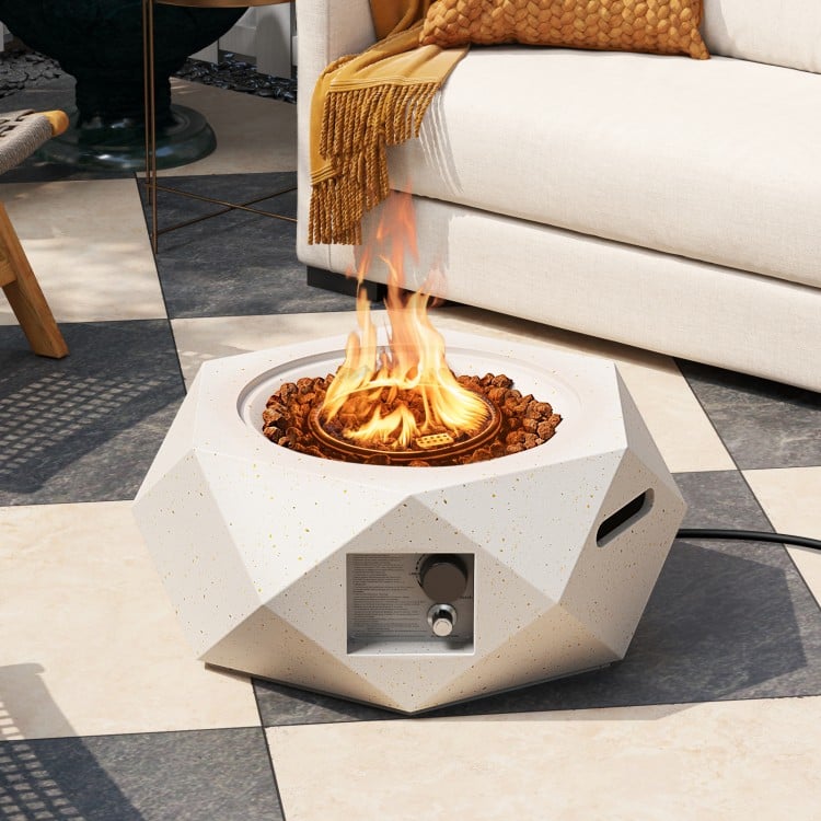Hexagon terrazzo propane fire pit table with stainless steel burner, 40,000 BTU, featuring lava rocks for outdoor.