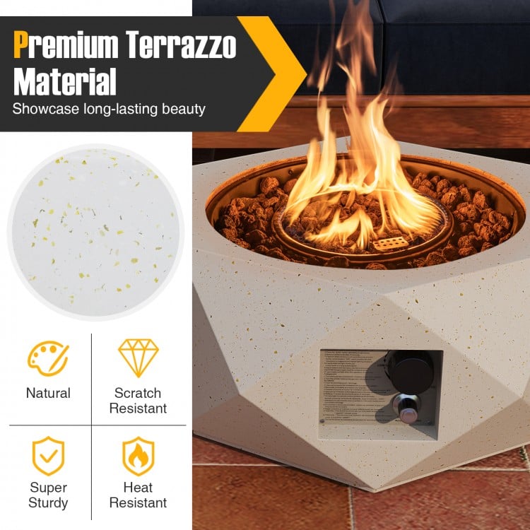 Close-up of the premium terrazzo material of the 28-inch hexagon propane fire pit table, showcasing its durability and.