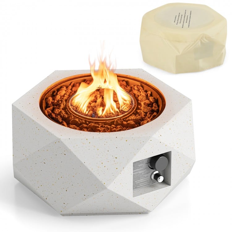 Top view of the 28-inch hexagon terrazzo propane fire pit table, featuring a stainless steel burner and decorative lava.