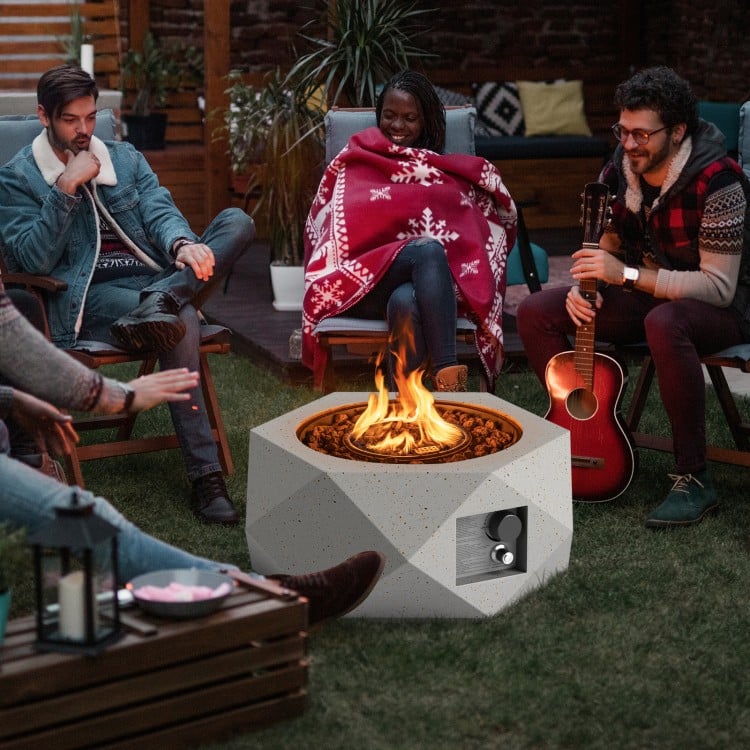 Hexagon terrazzo propane fire pit table with stainless steel burner, providing 40,000 BTU warmth for outdoor gatherings.