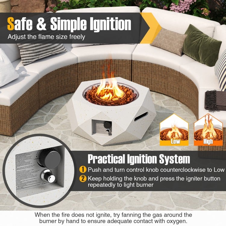 Hexagon terrazzo propane fire pit table with stainless steel burner, featuring adjustable flame control for outdoor.