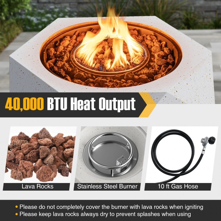 Hexagon terrazzo propane fire pit table with 40,000 BTU output, stainless steel burner, and lava rocks for outdoor.