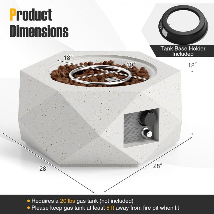 Hexagon terrazzo propane fire pit table with stainless steel burner, 28 inches, 40,000 BTU, for outdoor warmth and.