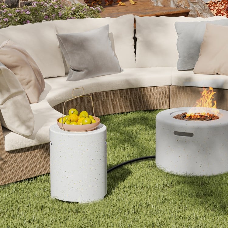 Stylish propane tank cover table in high-quality terrazzo, featuring side handles for easy lifting, perfect for outdoor.