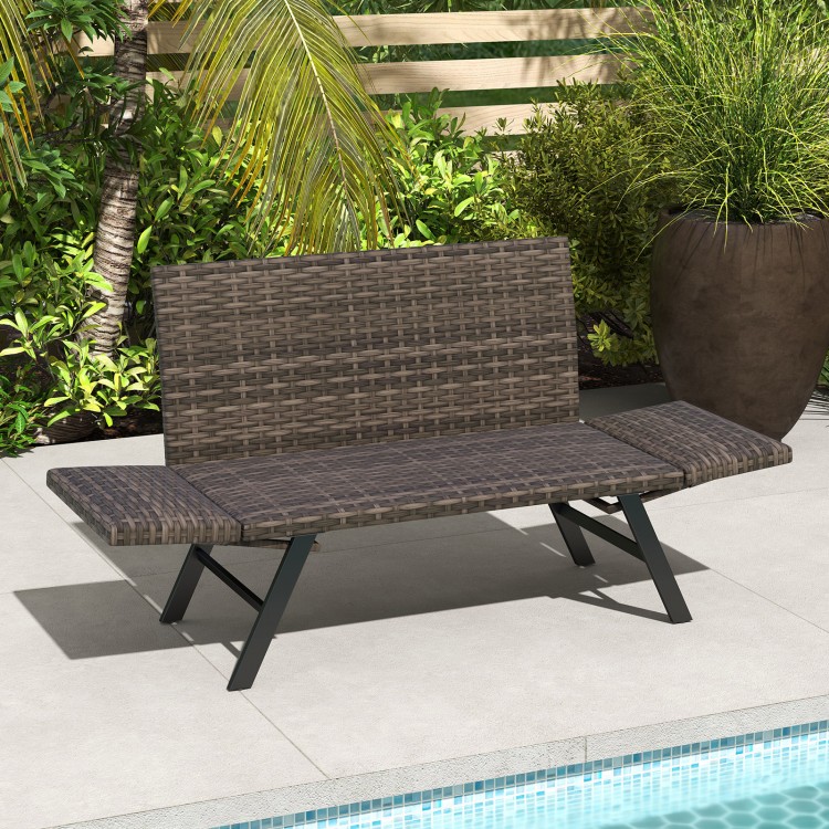 Patio convertible sofa for 2 in gray PE rattan, adjustable armrests, ideal for poolside or backyard relaxation.