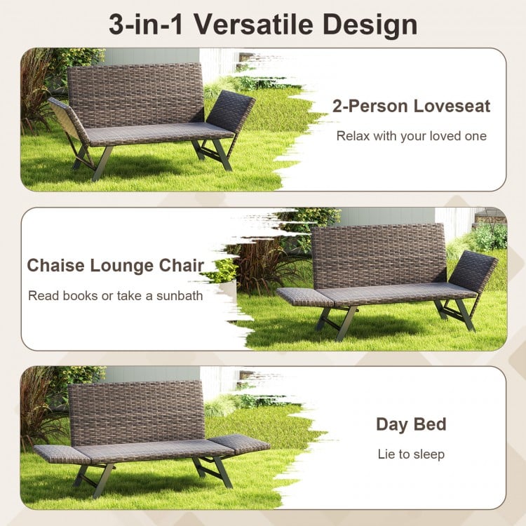 Patio convertible sofa in gray, shown as a chaise lounge chair, made of PE rattan with quick dry foam, ideal for.