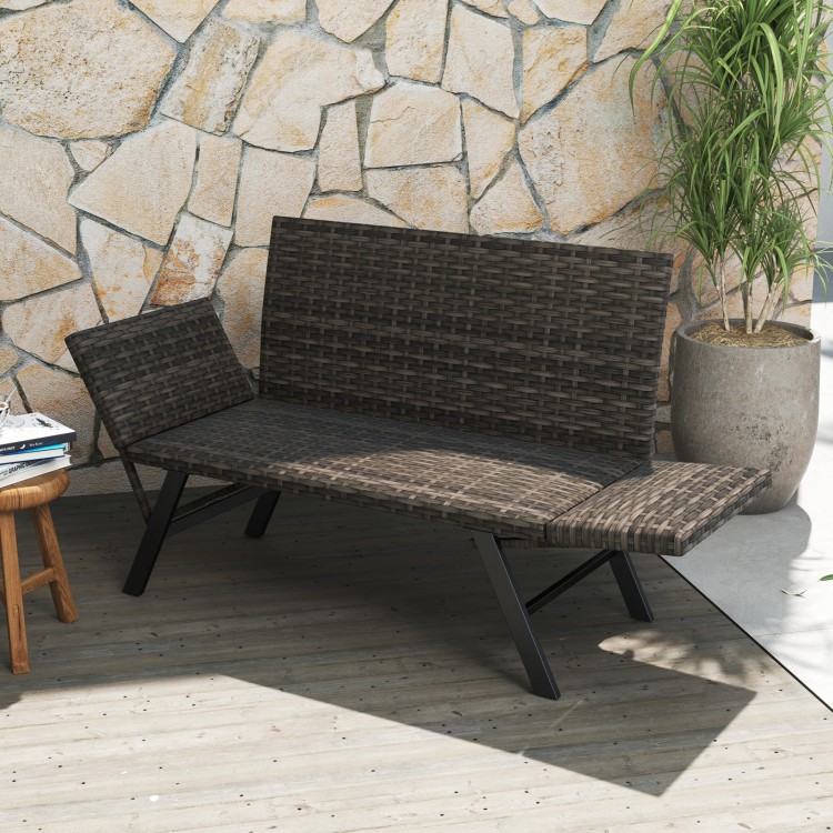 Side view of the patio convertible sofa for 2 in gray PE rattan, featuring quick dry foam and sturdy metal frame for.