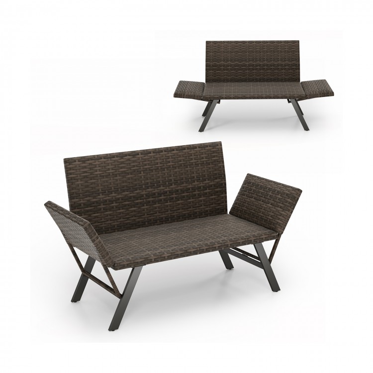 Patio convertible sofa for 2 with gray PE rattan, adjustable armrests, and quick dry foam, ideal for backyard.
