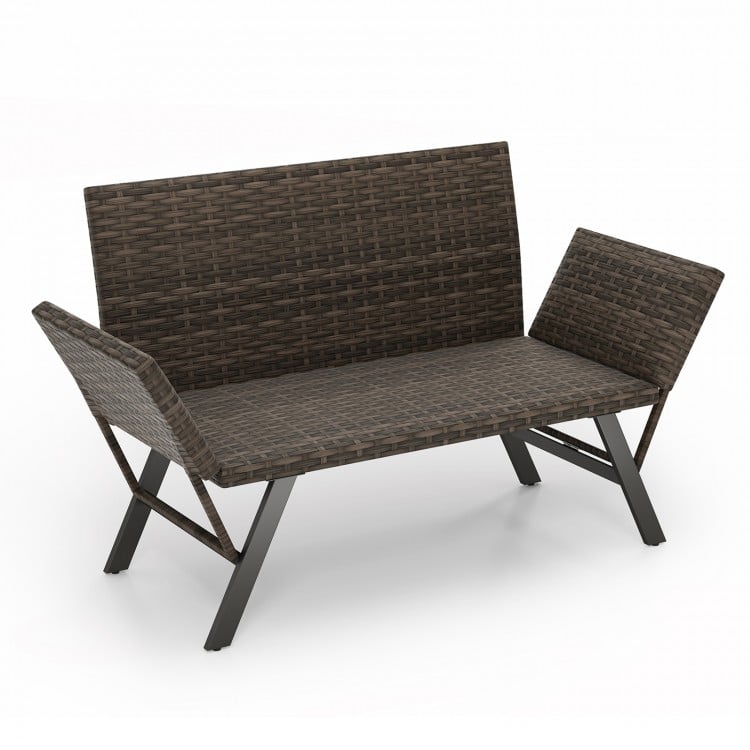 Convertible patio sofa for 2 in gray PE rattan with armrests, ideal for backyard or poolside relaxation.