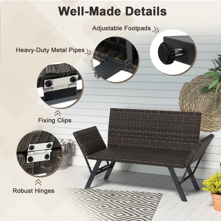 Detail shot of the patio convertible sofa showcasing robust hinges, adjustable footpads, and fixing clips for stability.
