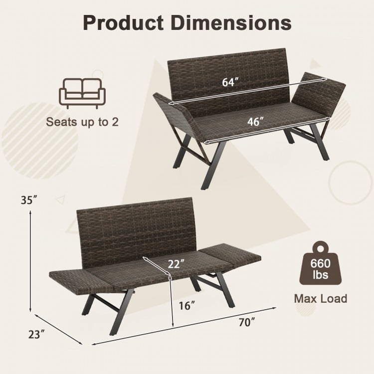 Dimensions of the gray patio convertible sofa, seating up to 2, with quick dry foam and sturdy metal frame for outdoor.