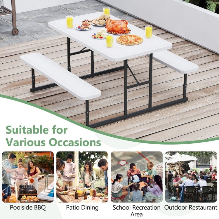 Rectangular picnic table bench set in white, crafted from HDPE, suitable for outdoor dining for 2-4 people.