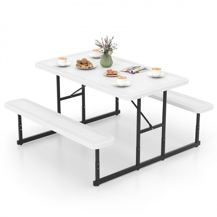 Rectangular white picnic table bench set for 2-4 people, featuring HDPE surfaces and high-strength metal frames for.