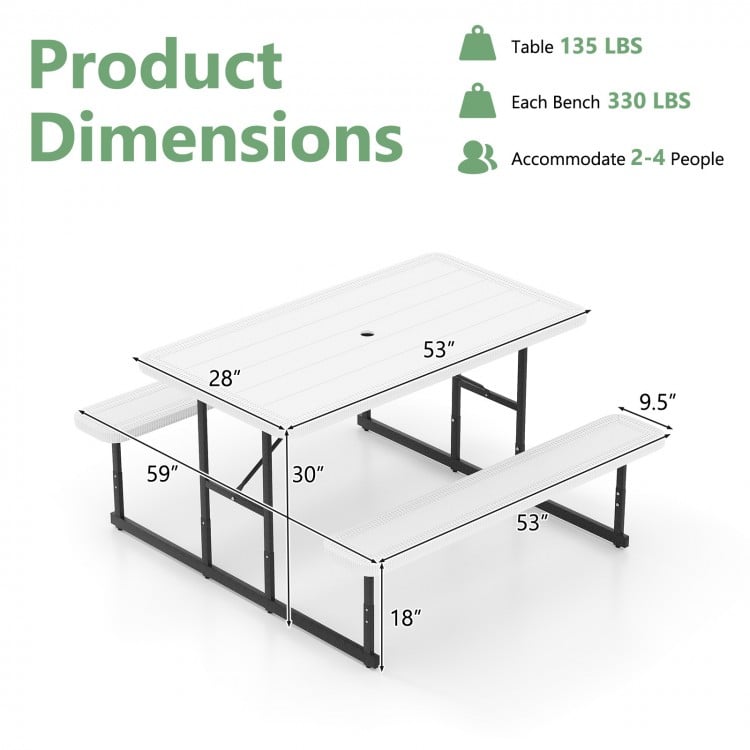 Dimensions of the white picnic table bench set for 2-4 people, featuring HDPE surfaces and sturdy metal frames.