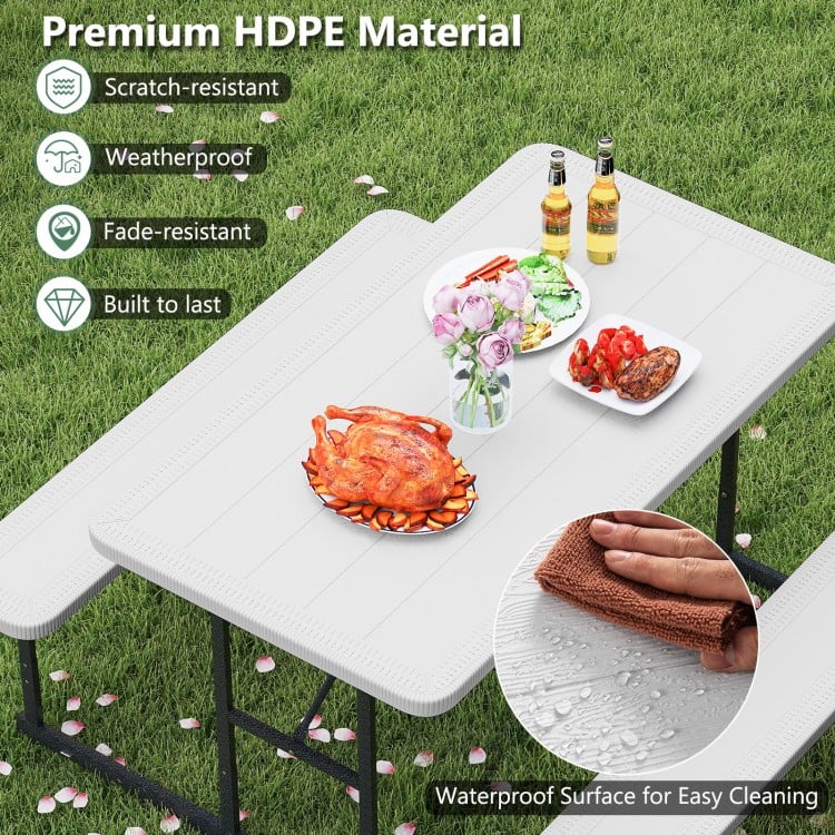 Rectangular picnic table bench set in white HDPE, accommodates 2-4 people, waterproof surface for easy cleaning.