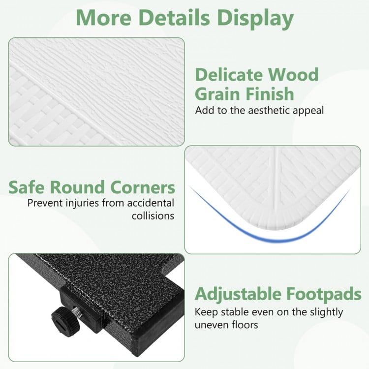 Delicate wood grain finish of the white picnic table bench set with adjustable footpads for outdoor dining stability.