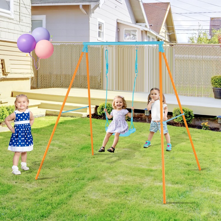 Outdoor heavy-duty metal toddler swing set in orange with adjustable seat height, perfect for kids' playtime in the.