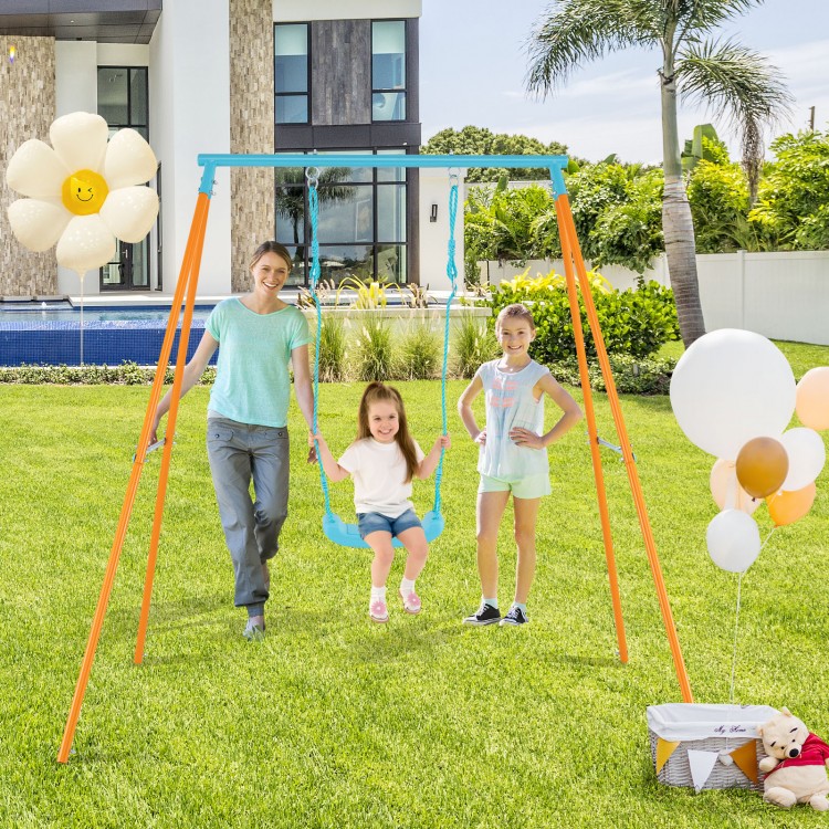 Outdoor heavy-duty metal toddler swing set in orange with adjustable seat height, providing stability and comfort for.