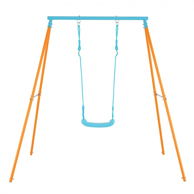 Outdoor heavy-duty metal toddler swing set in orange with adjustable seat height and sturdy A-frame for stability.