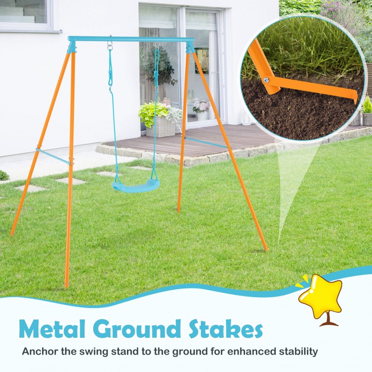Outdoor heavy-duty toddler swing set with orange stand and metal ground stakes for enhanced stability in the yard.