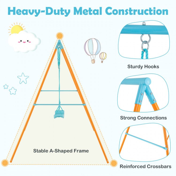 Outdoor heavy-duty metal toddler swing set with stable A-shaped frame, adjustable seat height, and sturdy hooks for.