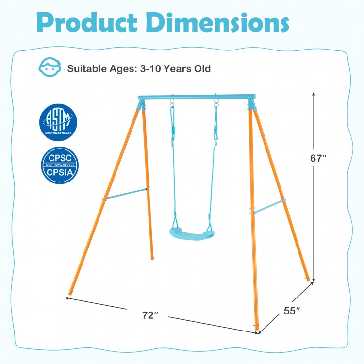 Outdoor heavy-duty metal toddler swing set dimensions, featuring adjustable seat height and sturdy A-frame design for.