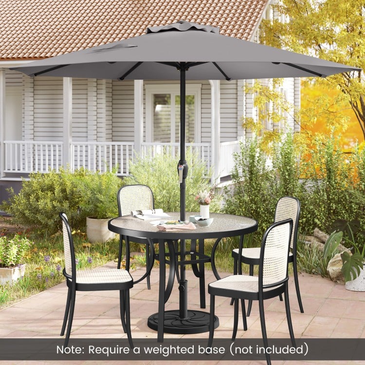 Gray outdoor market umbrella with crank handle and sturdy ribs, perfect for backyard or deck use, requires weighted.