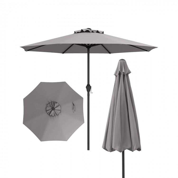 Gray outdoor market umbrella with crank handle, featuring a sturdy metal frame and 8 ribs for stability, ideal for.