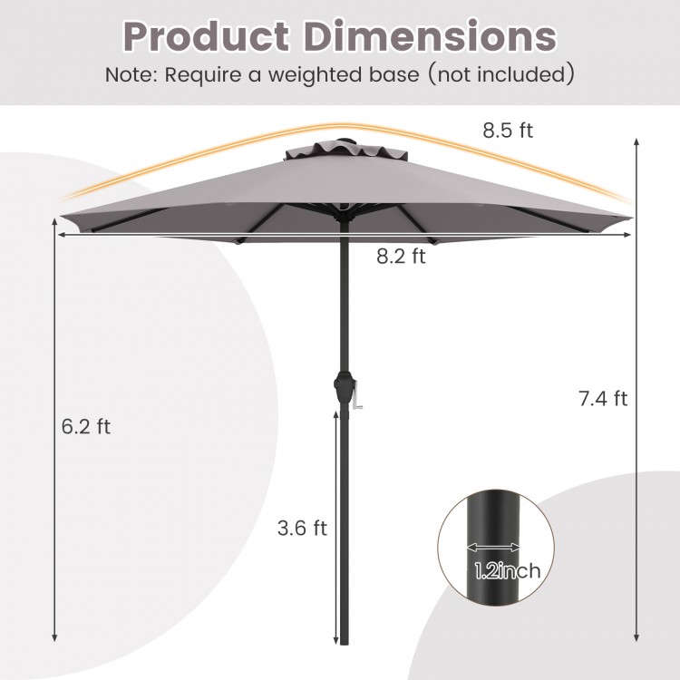 Dimensions of the gray outdoor heavy-duty market umbrella with crank handle, featuring a 8.5 ft canopy and sturdy ribs.