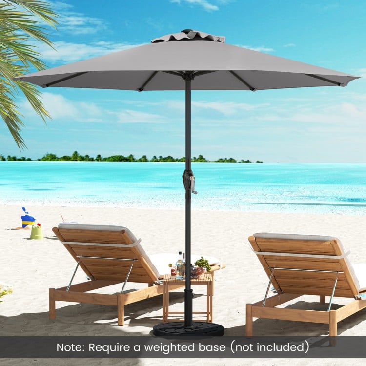 Gray outdoor market umbrella with crank handle and 8 sturdy ribs, ideal for beach or backyard relaxation.