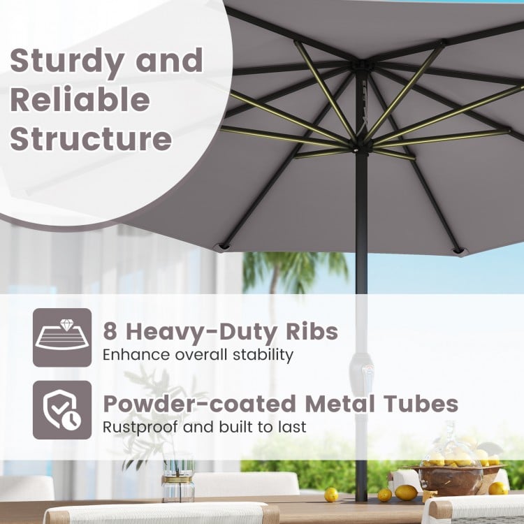 Gray outdoor heavy-duty market umbrella with crank handle and 8 sturdy ribs, ideal for backyard or beach use.