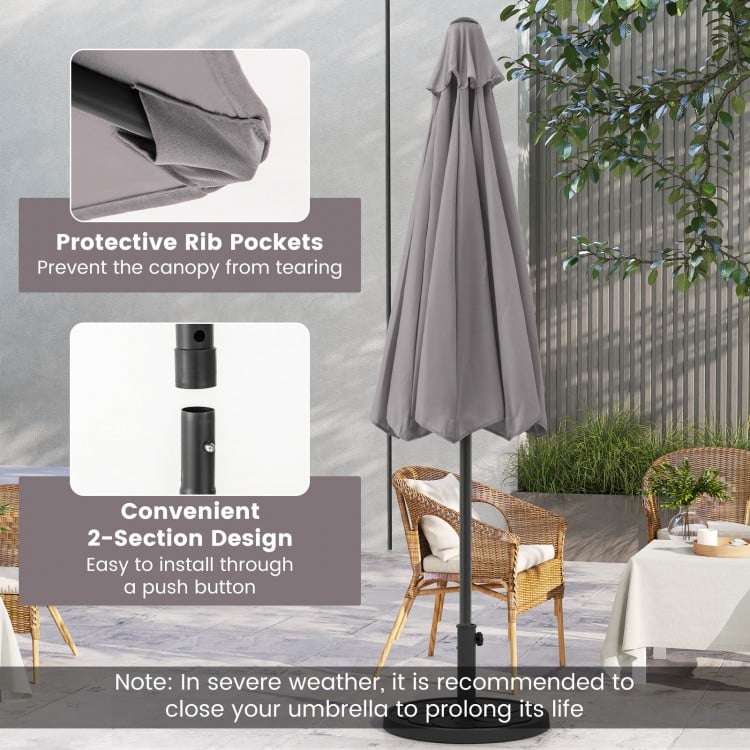 Gray outdoor market umbrella showcasing protective rib pockets and a convenient 2-section design for easy installation.