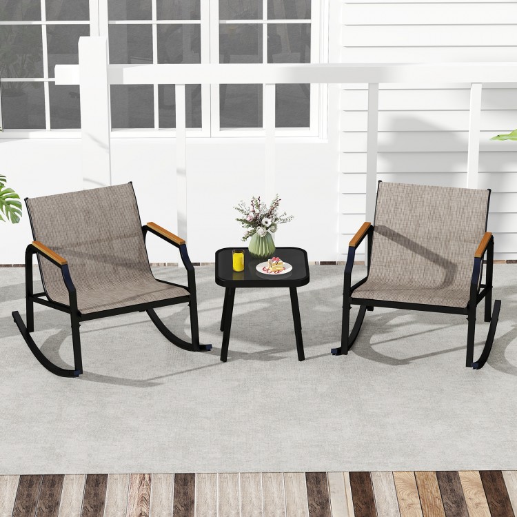 Two brown patio rocking chairs with armrests and a black tempered glass coffee table, perfect for outdoor relaxation.