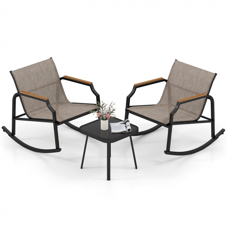 3-piece patio rocking bistro set featuring breathable fabric seats and tempered glass coffee table, ideal for porch.