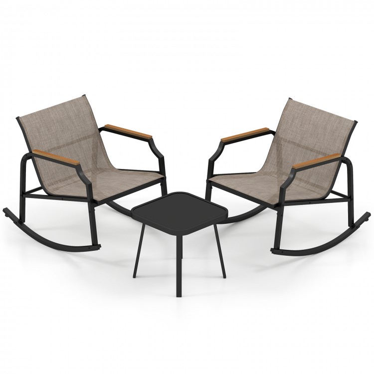 3-piece patio rocking bistro set with breathable fabric seats and tempered glass table, perfect for porch relaxation.