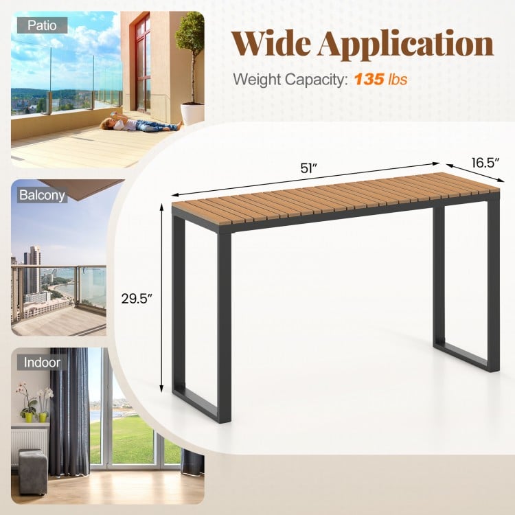 Outdoor rectangle console table with WPC tabletop, 51" x 16.5", suitable for patio, balcony, and indoor use.