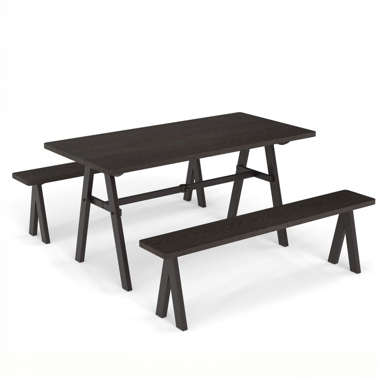 Outdoor picnic table and benches set for 6 people, featuring a wood-like surface and sturdy triangular structure.