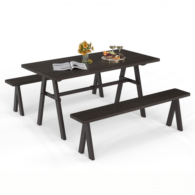 3-piece outdoor picnic table and benches set in dark wood finish, seating up to 6 people, perfect for patio gatherings.