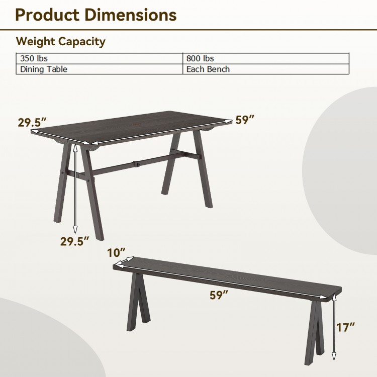 Dimensions chart for a 3-piece outdoor picnic table and benches set, showing weight capacity and adjustable features.