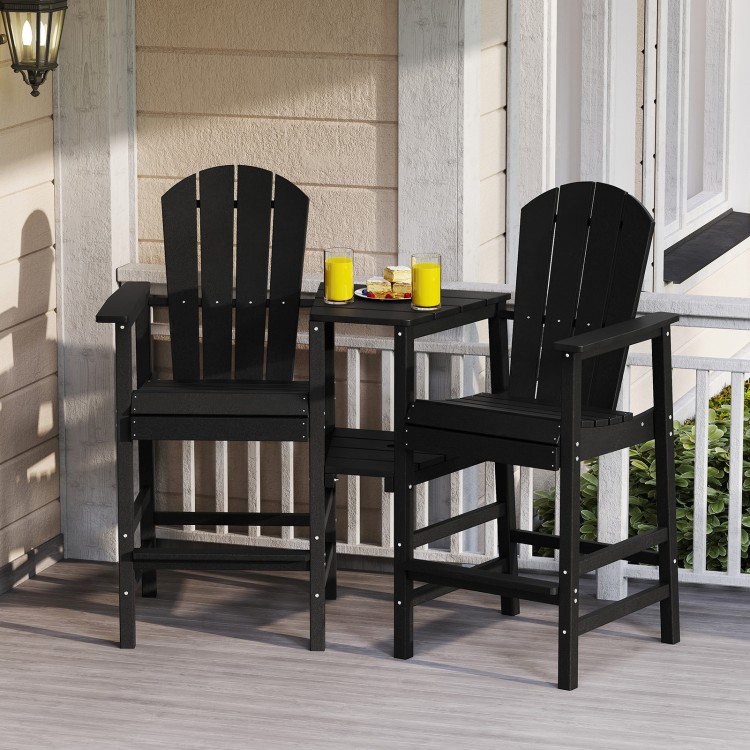 Two black Adirondack chairs with a connecting tray, made from weatherproof HDPE, perfect for patio relaxation.