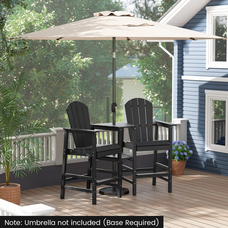 Two-seat black Adirondack chairs with a double connecting tray, perfect for patio or poolside relaxation.