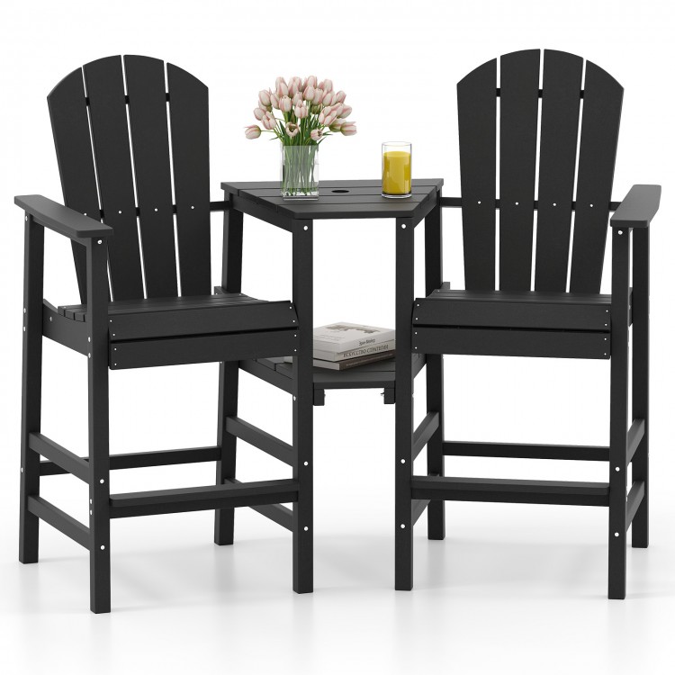 Adirondack chair set in black with double connecting tray, ideal for poolside or patio relaxation.