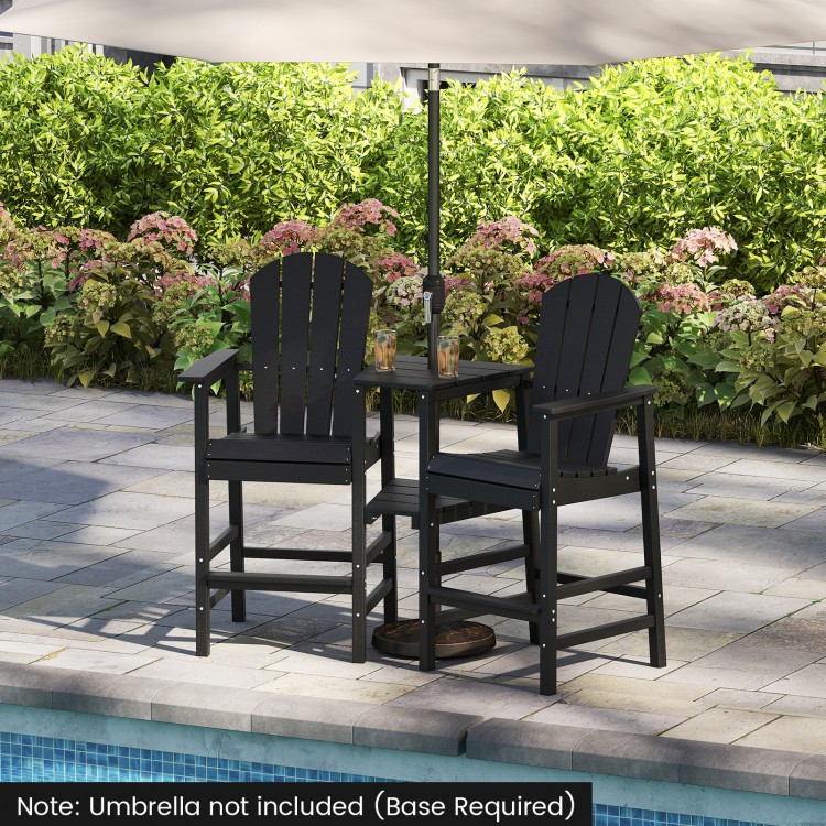 Black 2-seat Adirondack chair set with double connecting tray, ideal for poolside relaxation and outdoor gatherings.