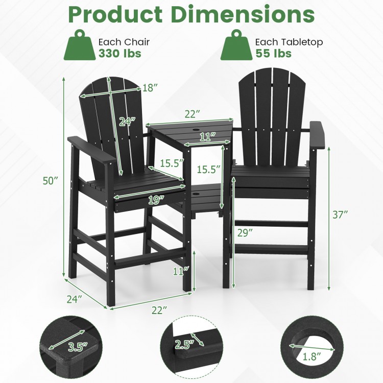 Dimensions of the black 2-seat Adirondack chair set with double tray, featuring weatherproof HDPE and sturdy design.