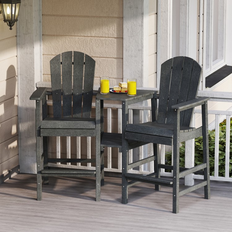 Two-seat gray Adirondack chair set with built-in tray, perfect for poolside or patio relaxation.