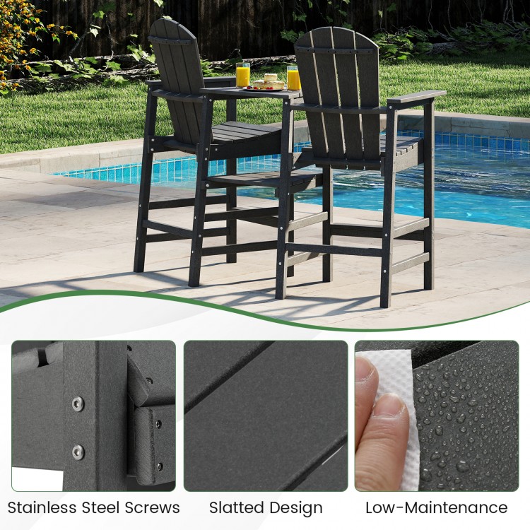 Bar height 2-seat Adirondack chair in gray with slatted design and built-in tray, perfect for poolside relaxation.